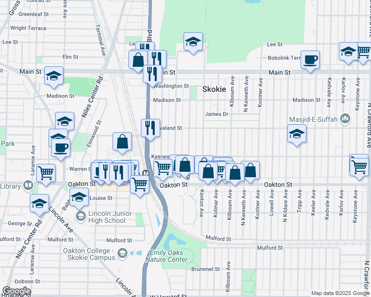 map of restaurants, bars, coffee shops, grocery stores, and more near 8114 Knox Avenue in Skokie