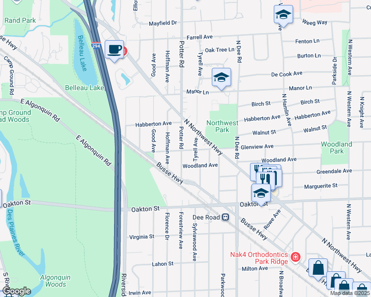 map of restaurants, bars, coffee shops, grocery stores, and more near 2618 Glenview Avenue in Park Ridge
