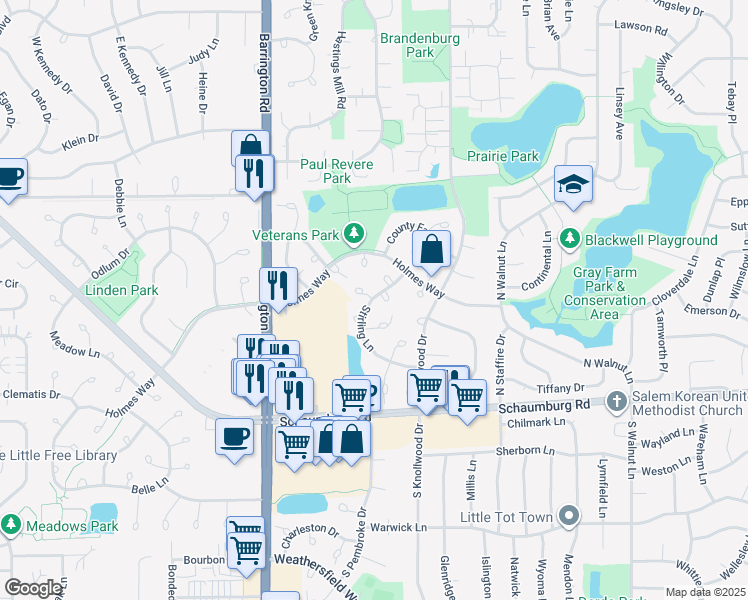 map of restaurants, bars, coffee shops, grocery stores, and more near 133 Stirling Lane in Schaumburg