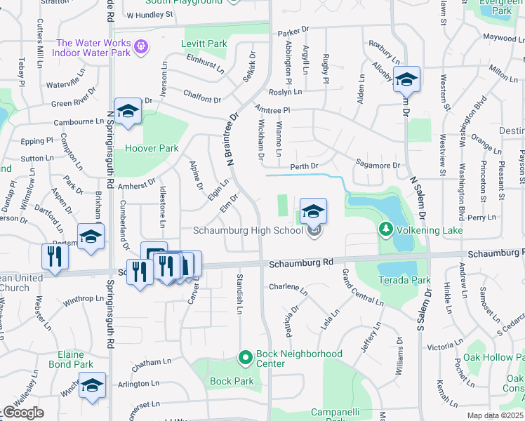 map of restaurants, bars, coffee shops, grocery stores, and more near 107 North Braintree Drive in Schaumburg