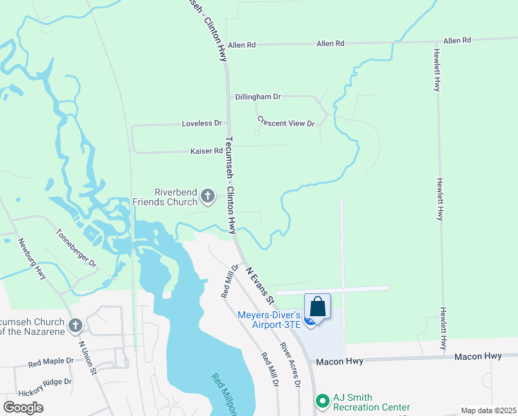 map of restaurants, bars, coffee shops, grocery stores, and more near 9501 Tecumseh-Clinton Highway in Tecumseh