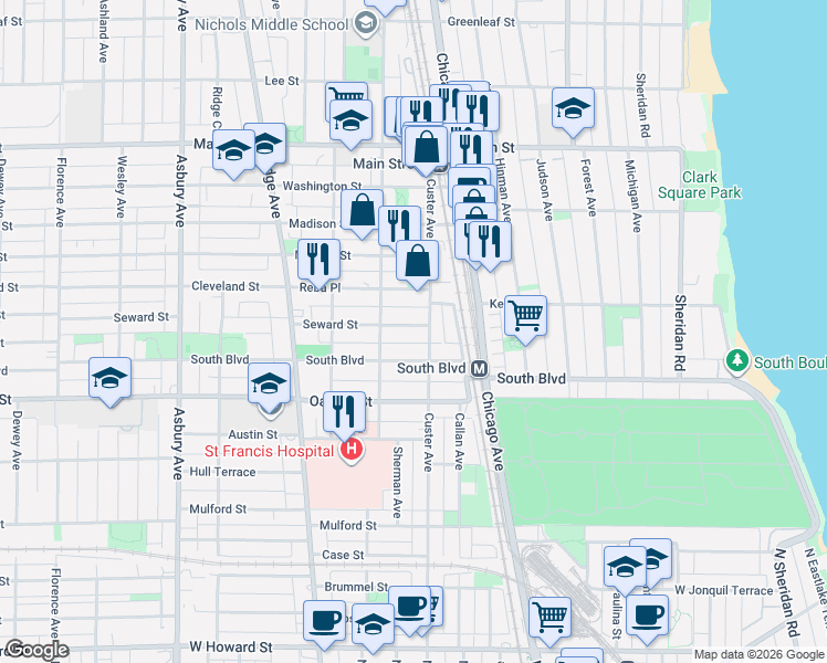 map of restaurants, bars, coffee shops, grocery stores, and more near 710 Seward Street in Evanston