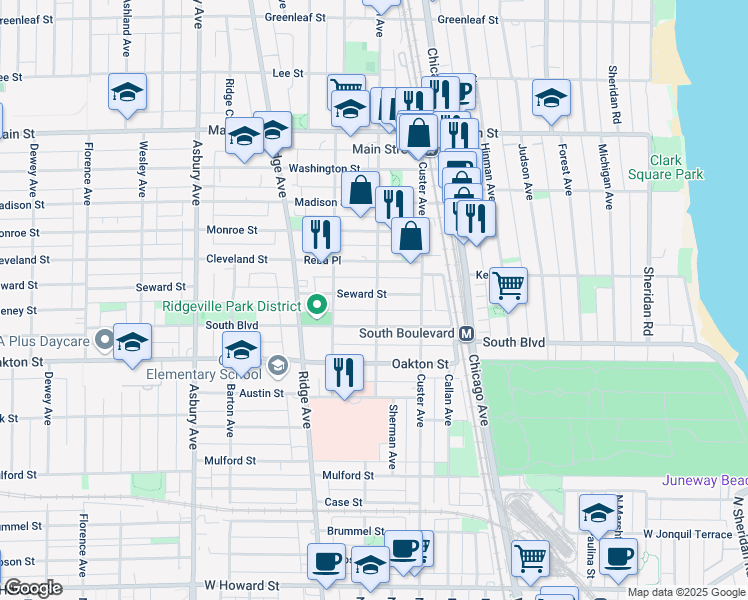 map of restaurants, bars, coffee shops, grocery stores, and more near 800 Seward Street in Evanston