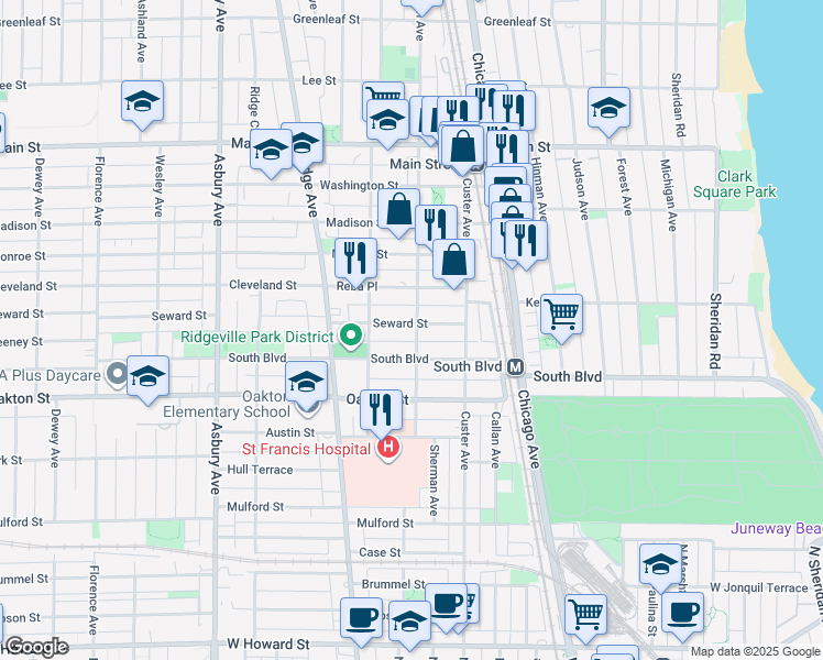 map of restaurants, bars, coffee shops, grocery stores, and more near 802 Seward Street in Evanston
