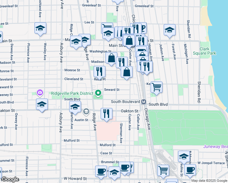 map of restaurants, bars, coffee shops, grocery stores, and more near 800 Seward Street in Evanston
