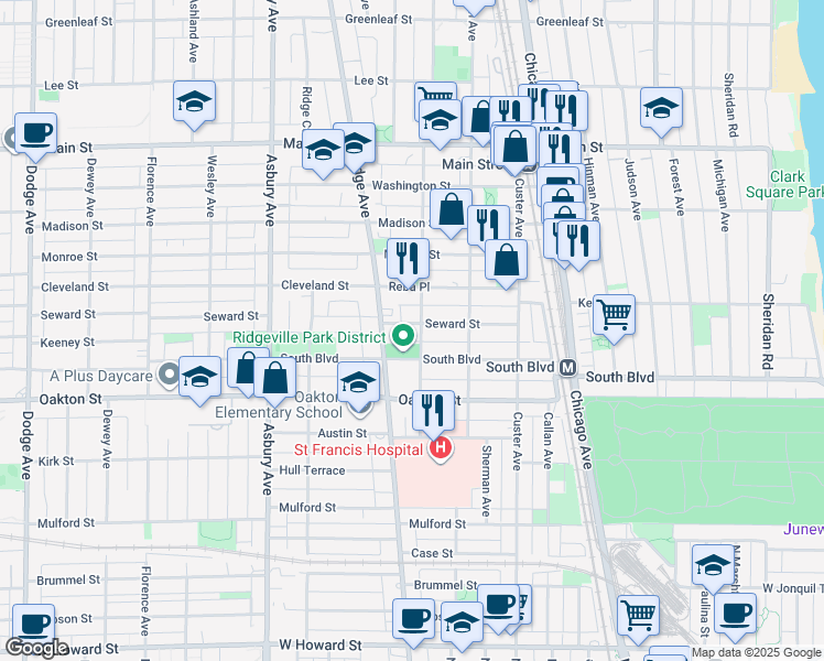 map of restaurants, bars, coffee shops, grocery stores, and more near 832 Seward Street in Evanston