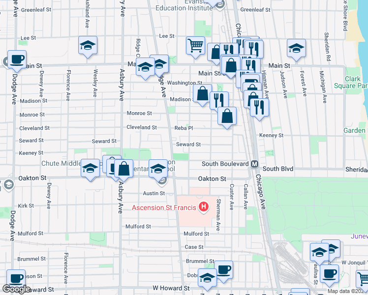 map of restaurants, bars, coffee shops, grocery stores, and more near 832 Seward Street in Evanston