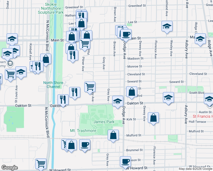 map of restaurants, bars, coffee shops, grocery stores, and more near 2025 Keeney Street in Evanston