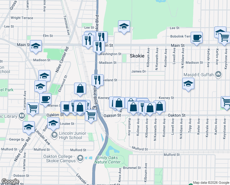 map of restaurants, bars, coffee shops, grocery stores, and more near 8114 Knox Avenue in Skokie