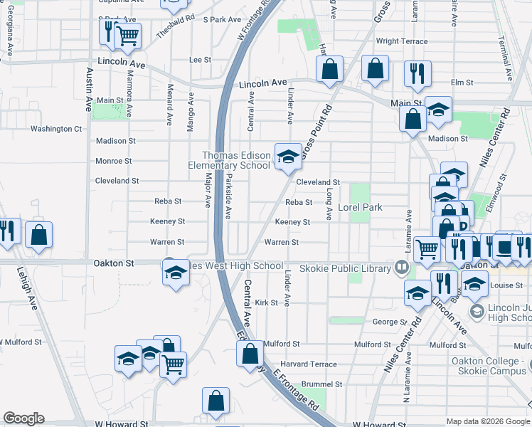 map of restaurants, bars, coffee shops, grocery stores, and more near 8105 Central Avenue in Morton Grove