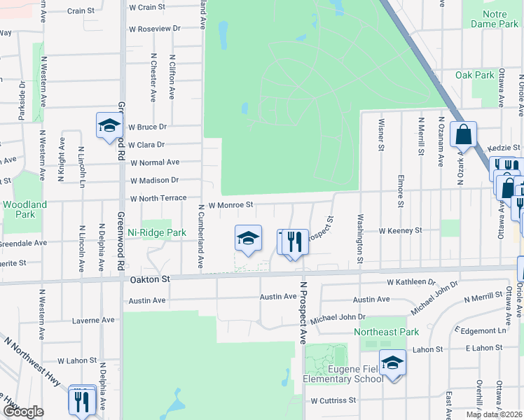 map of restaurants, bars, coffee shops, grocery stores, and more near 8150 Meacham Court in Niles