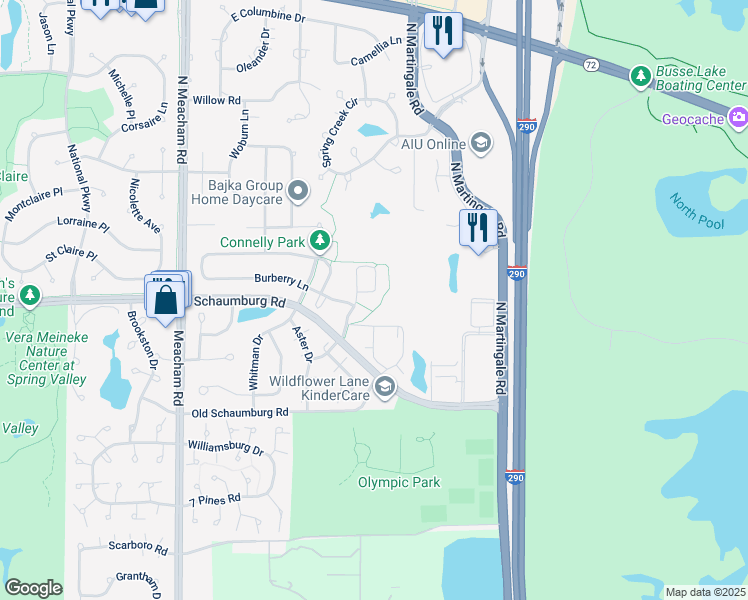 map of restaurants, bars, coffee shops, grocery stores, and more near 1650 Burberry Lane in Schaumburg