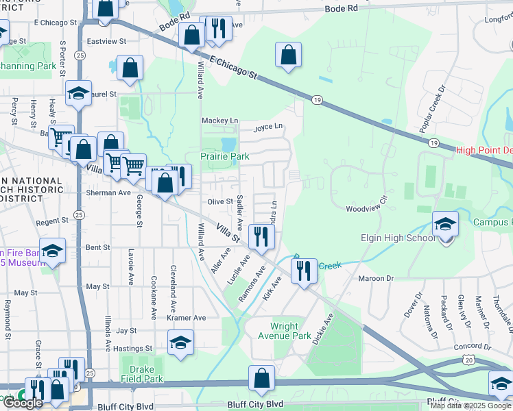 map of restaurants, bars, coffee shops, grocery stores, and more near 414 Lucile Avenue in Elgin