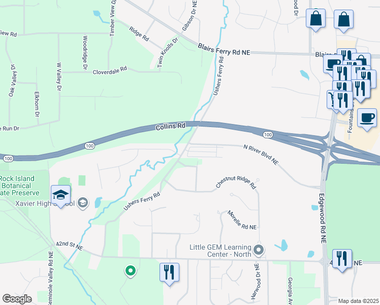 map of restaurants, bars, coffee shops, grocery stores, and more near 4982 Ushers Ferry Road in Cedar Rapids