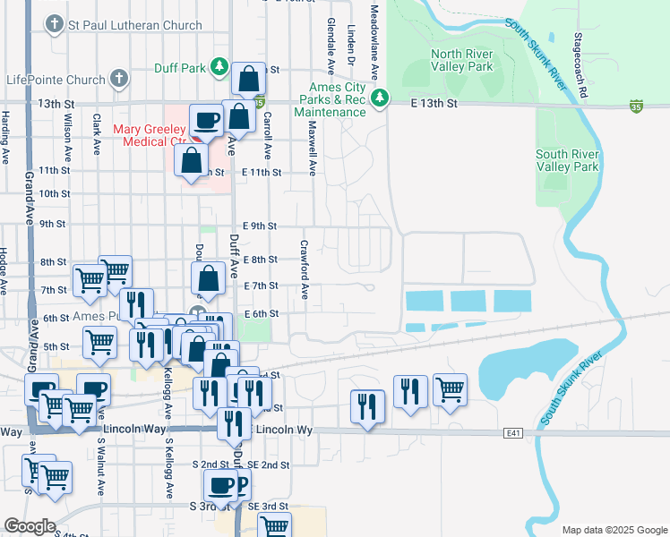 map of restaurants, bars, coffee shops, grocery stores, and more near 327 East 7th Street in Ames