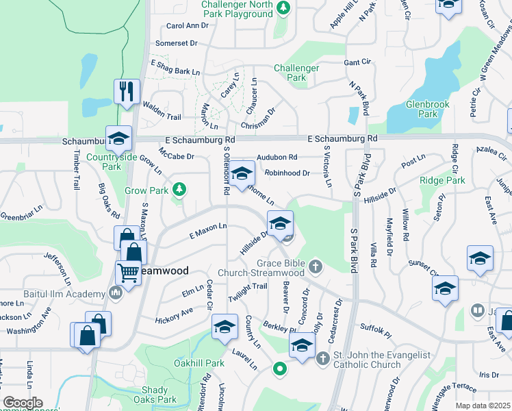 map of restaurants, bars, coffee shops, grocery stores, and more near 42 Hawthorne Lane in Streamwood