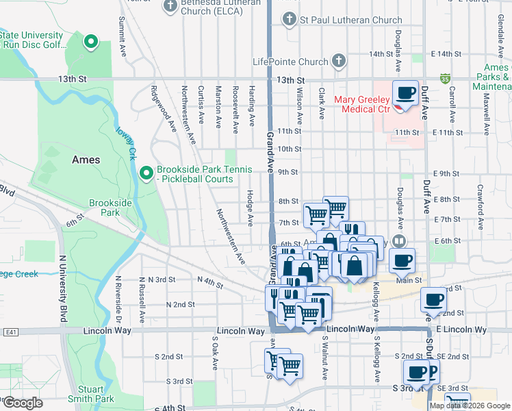 map of restaurants, bars, coffee shops, grocery stores, and more near 724 Hodge Avenue in Ames