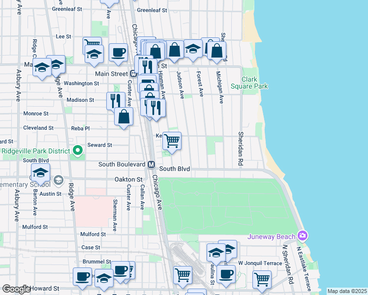 map of restaurants, bars, coffee shops, grocery stores, and more near 608 Judson Avenue in Evanston