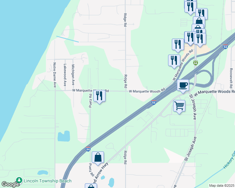 map of restaurants, bars, coffee shops, grocery stores, and more near 2958 West Marquette Woods Road in Stevensville