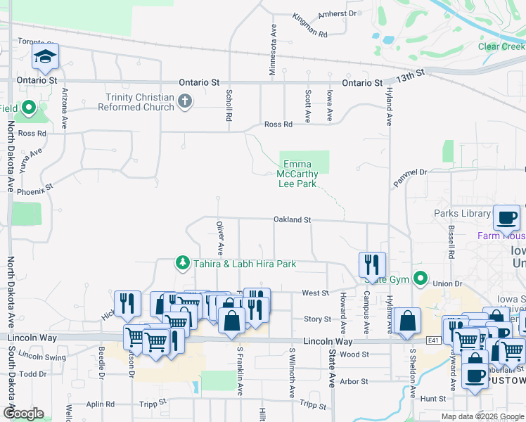 map of restaurants, bars, coffee shops, grocery stores, and more near 3409 Oakland Street in Ames