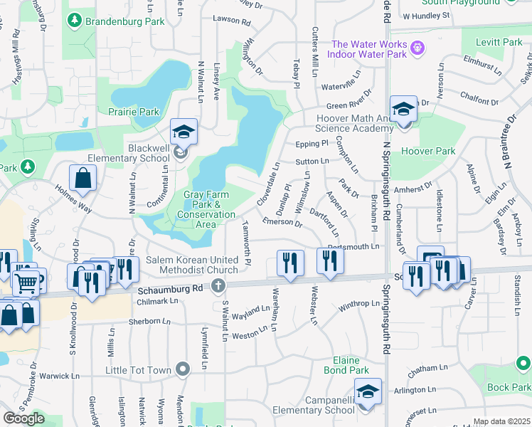 map of restaurants, bars, coffee shops, grocery stores, and more near 127 Emerson Drive in Schaumburg