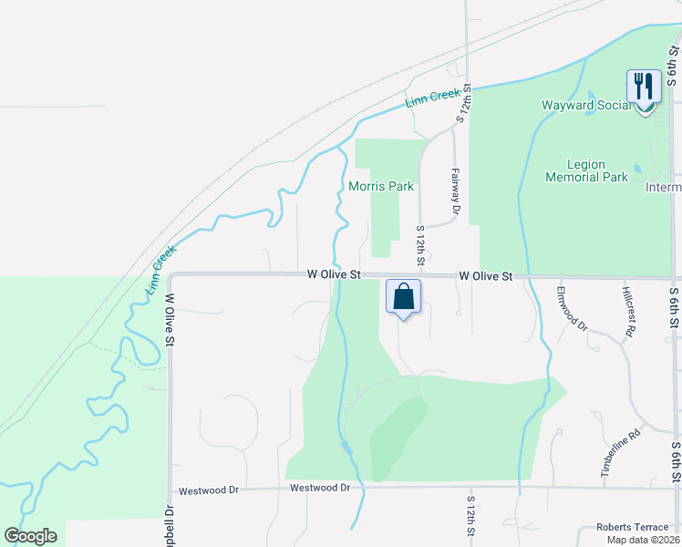 map of restaurants, bars, coffee shops, grocery stores, and more near 1498 W Olive St in Marshalltown