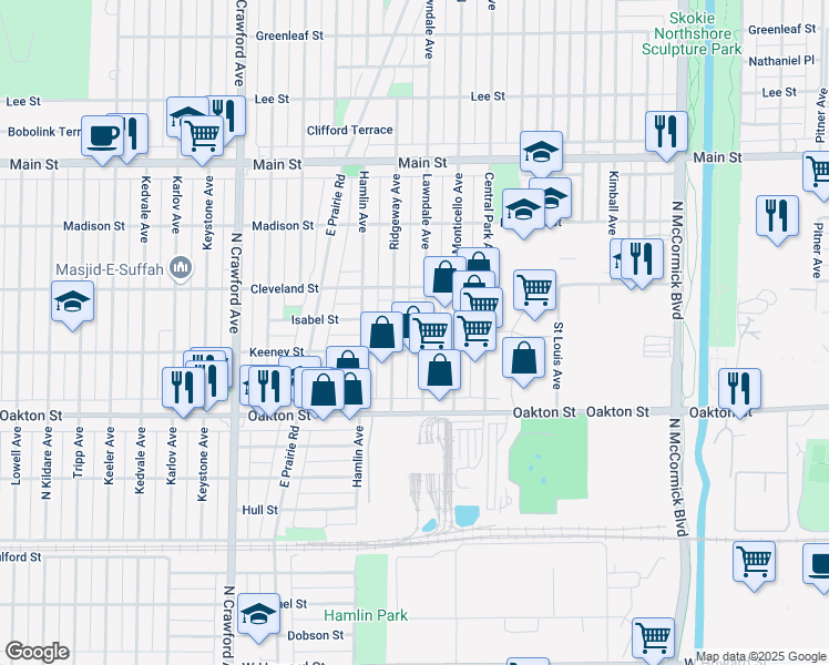 map of restaurants, bars, coffee shops, grocery stores, and more near 8107 Ridgeway Avenue in Skokie