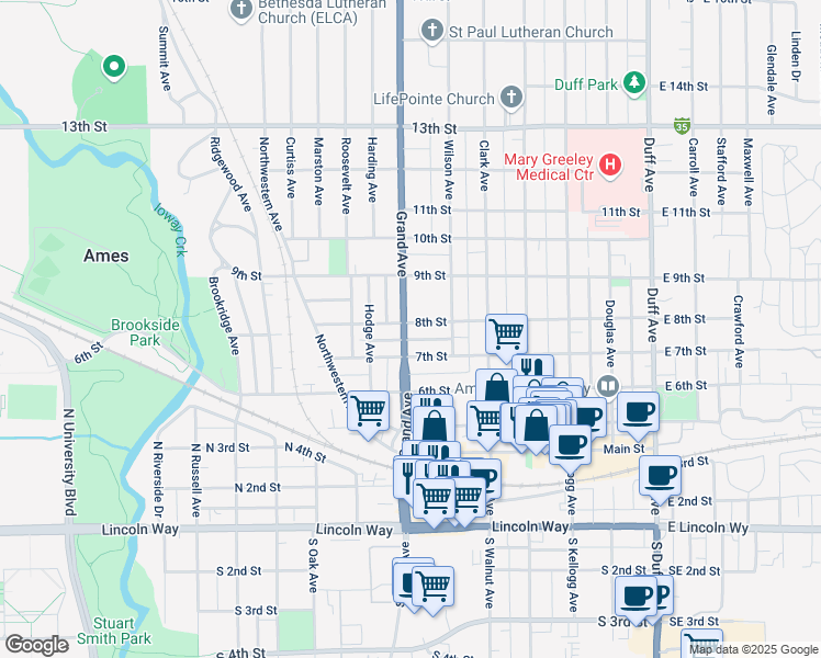 map of restaurants, bars, coffee shops, grocery stores, and more near 722 Grand Avenue in Ames