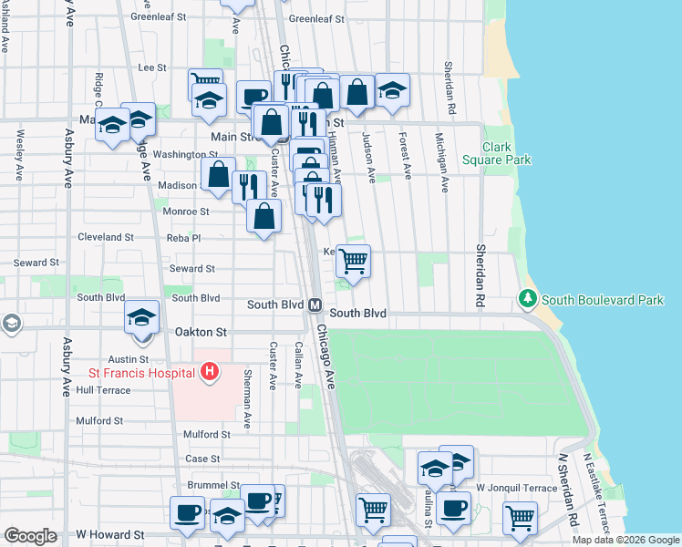map of restaurants, bars, coffee shops, grocery stores, and more near 551 Hinman Avenue in Evanston