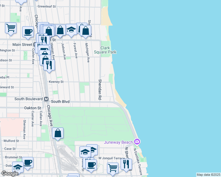 map of restaurants, bars, coffee shops, grocery stores, and more near 580 Sheridan Square in Evanston