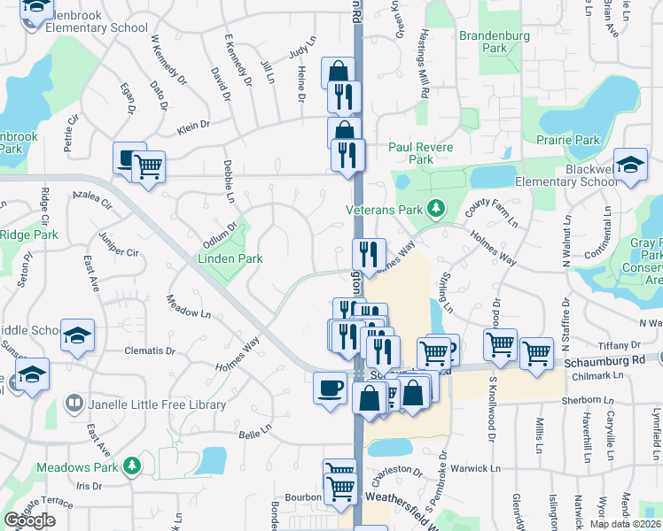 map of restaurants, bars, coffee shops, grocery stores, and more near 228 Meribel Court in Schaumburg