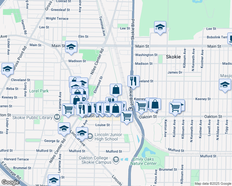 map of restaurants, bars, coffee shops, grocery stores, and more near 8055 Lamon Avenue in Skokie
