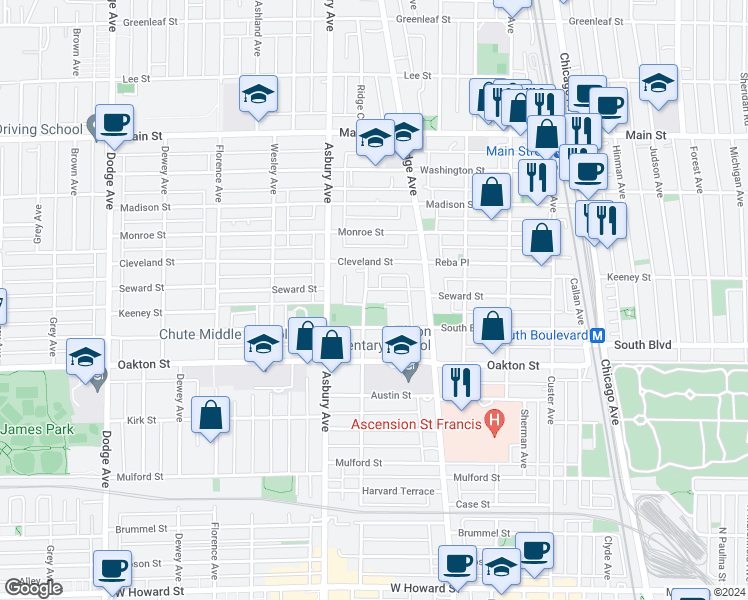 map of restaurants, bars, coffee shops, grocery stores, and more near 555 Barton Avenue in Evanston