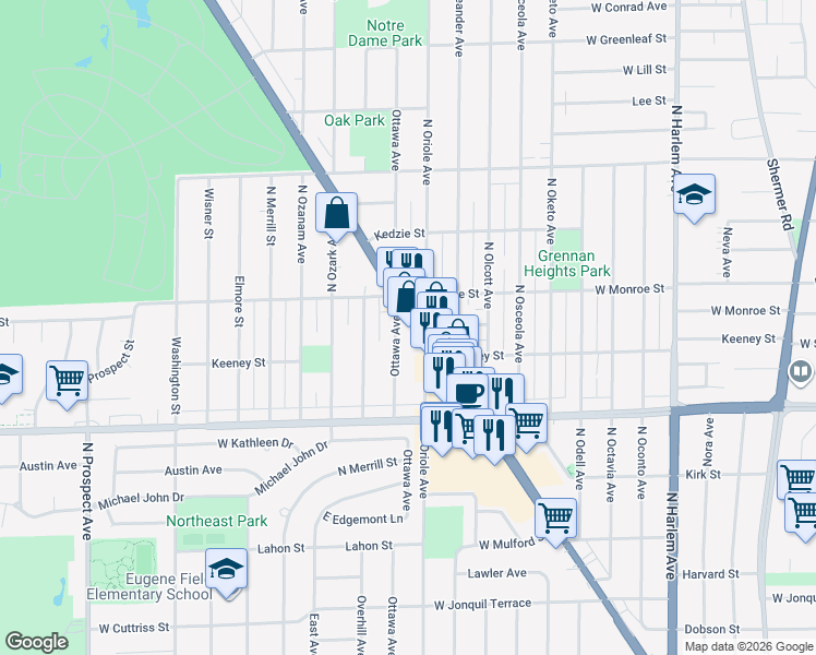 map of restaurants, bars, coffee shops, grocery stores, and more near 8122 Ottawa Avenue in Niles
