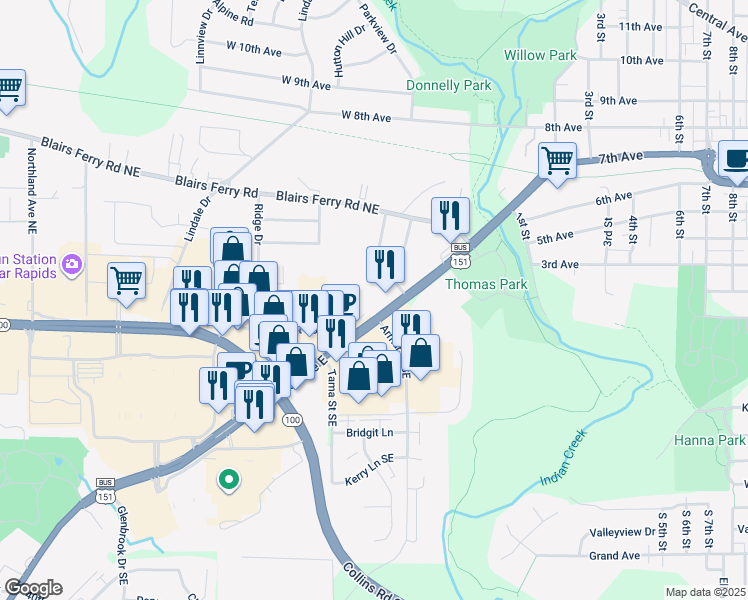map of restaurants, bars, coffee shops, grocery stores, and more near 590 Marion Boulevard in Marion