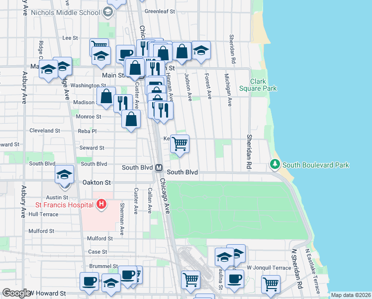 map of restaurants, bars, coffee shops, grocery stores, and more near 551 Hinman Avenue in Evanston