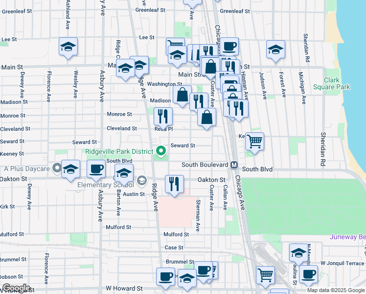 map of restaurants, bars, coffee shops, grocery stores, and more near 800 Seward Street in Evanston