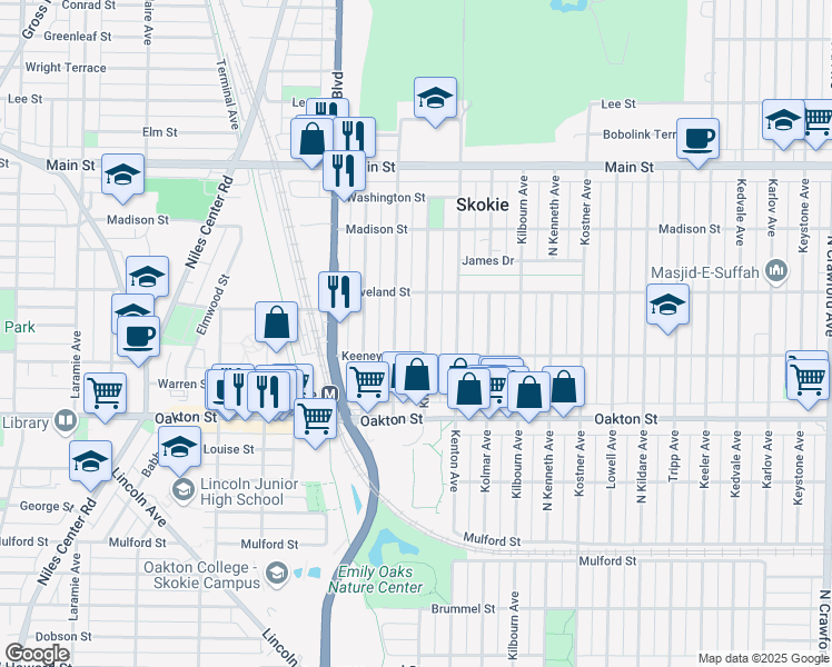 map of restaurants, bars, coffee shops, grocery stores, and more near 8114 Knox Avenue in Skokie