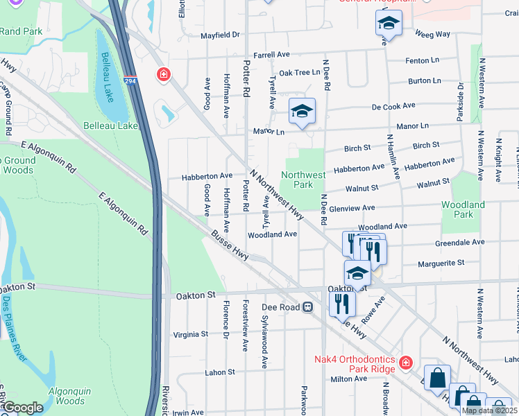map of restaurants, bars, coffee shops, grocery stores, and more near 2618 Glenview Avenue in Park Ridge