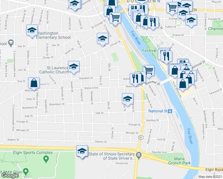 map of restaurants, bars, coffee shops, grocery stores, and more near 306 Wheelock Street in Elgin