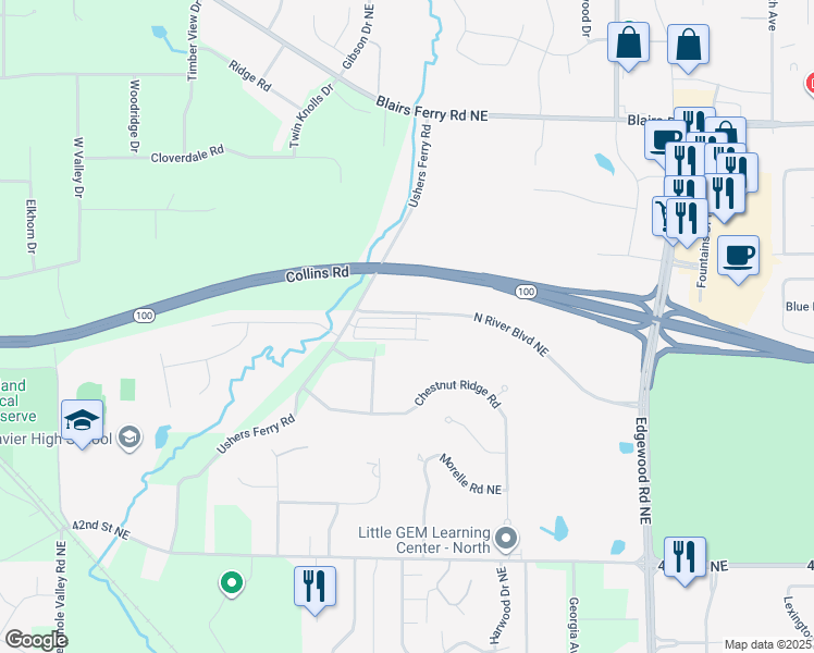 map of restaurants, bars, coffee shops, grocery stores, and more near 5005 North River Boulevard Northeast in Cedar Rapids
