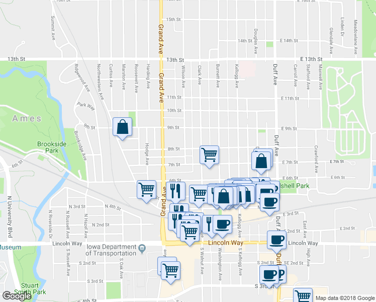 map of restaurants, bars, coffee shops, grocery stores, and more near 716 Wilson Avenue in Ames