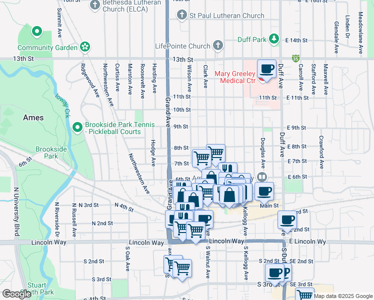 map of restaurants, bars, coffee shops, grocery stores, and more near 716 Wilson Avenue in Ames