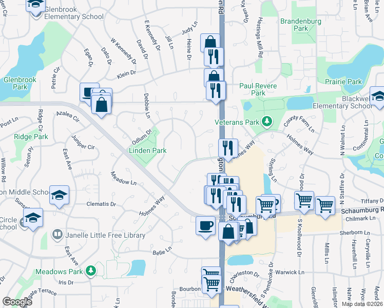 map of restaurants, bars, coffee shops, grocery stores, and more near 2702 Holmes Way in Schaumburg