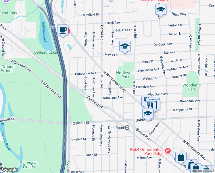 map of restaurants, bars, coffee shops, grocery stores, and more near 2618 Glenview Avenue in Park Ridge