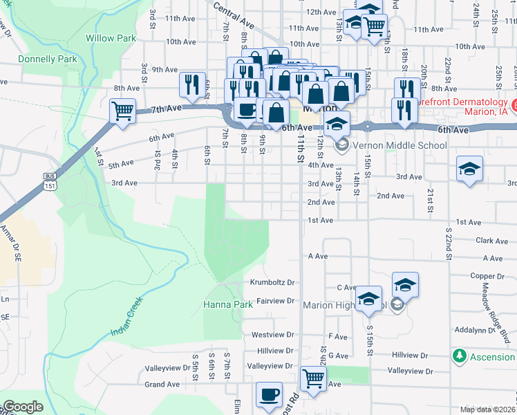 map of restaurants, bars, coffee shops, grocery stores, and more near 889 2nd Avenue in Marion