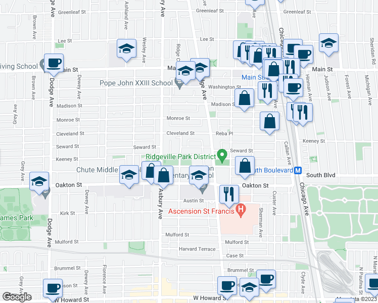 map of restaurants, bars, coffee shops, grocery stores, and more near 1110 Seward Street in Evanston