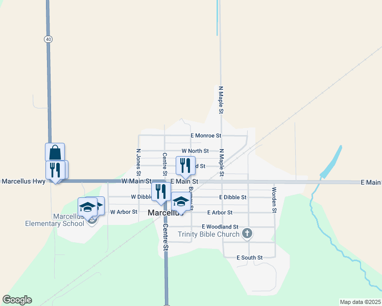 map of restaurants, bars, coffee shops, grocery stores, and more near 285 Burney Street in Marcellus
