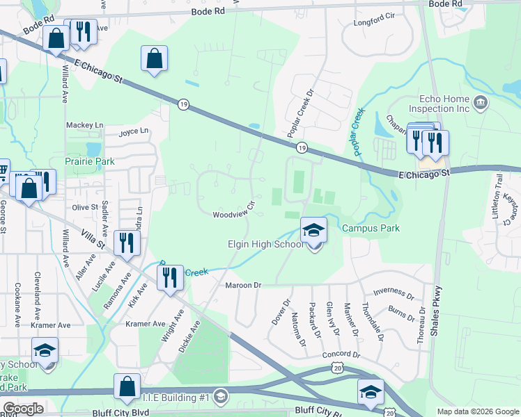 map of restaurants, bars, coffee shops, grocery stores, and more near 1104 Yorkshire Court in Elgin