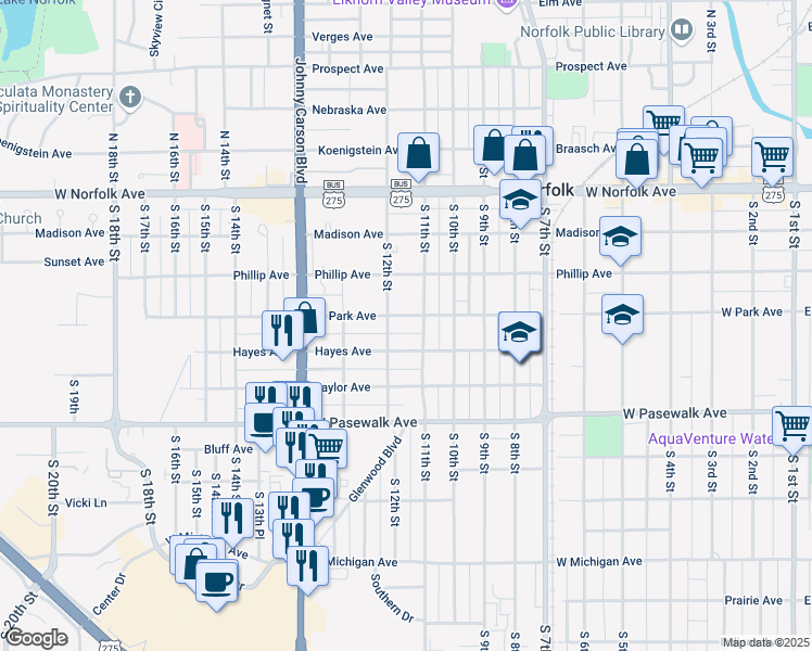 map of restaurants, bars, coffee shops, grocery stores, and more near 450-498 S 11th St in Norfolk